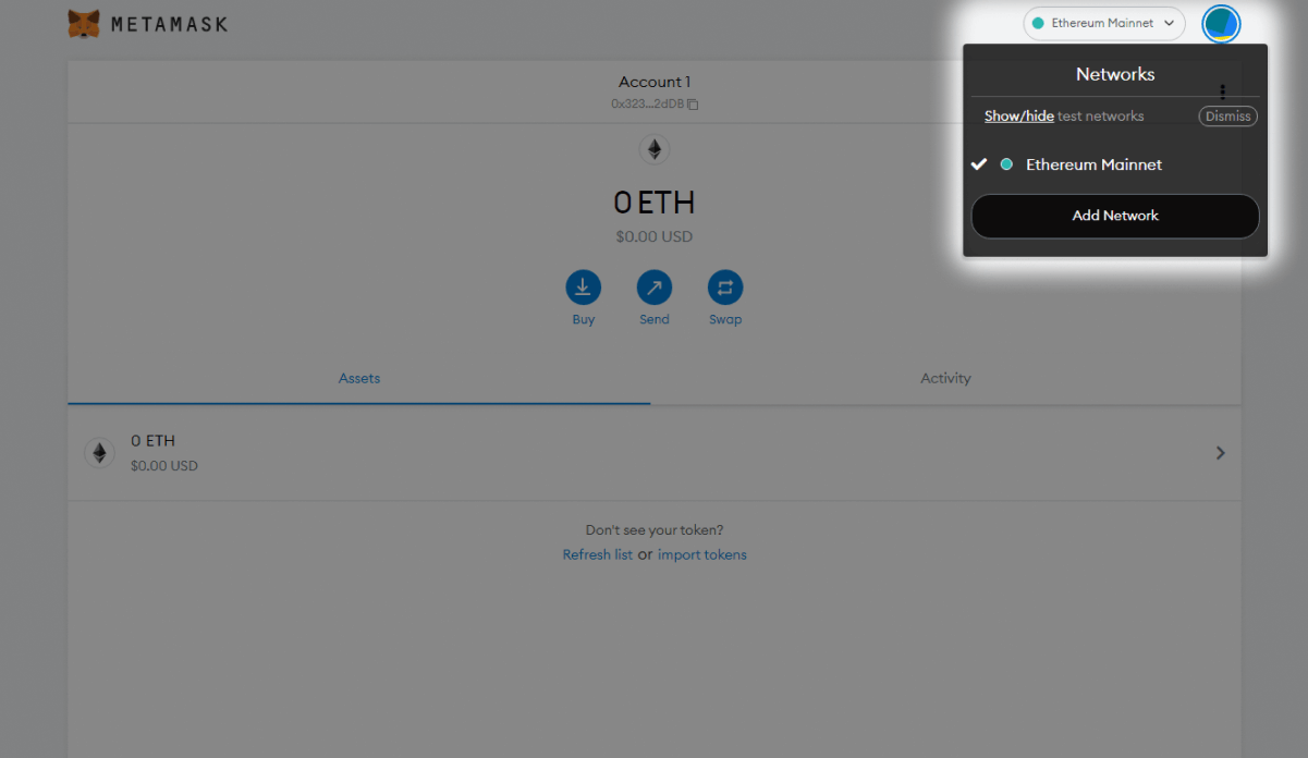 Add network screen in Metamask Wallet Zelta