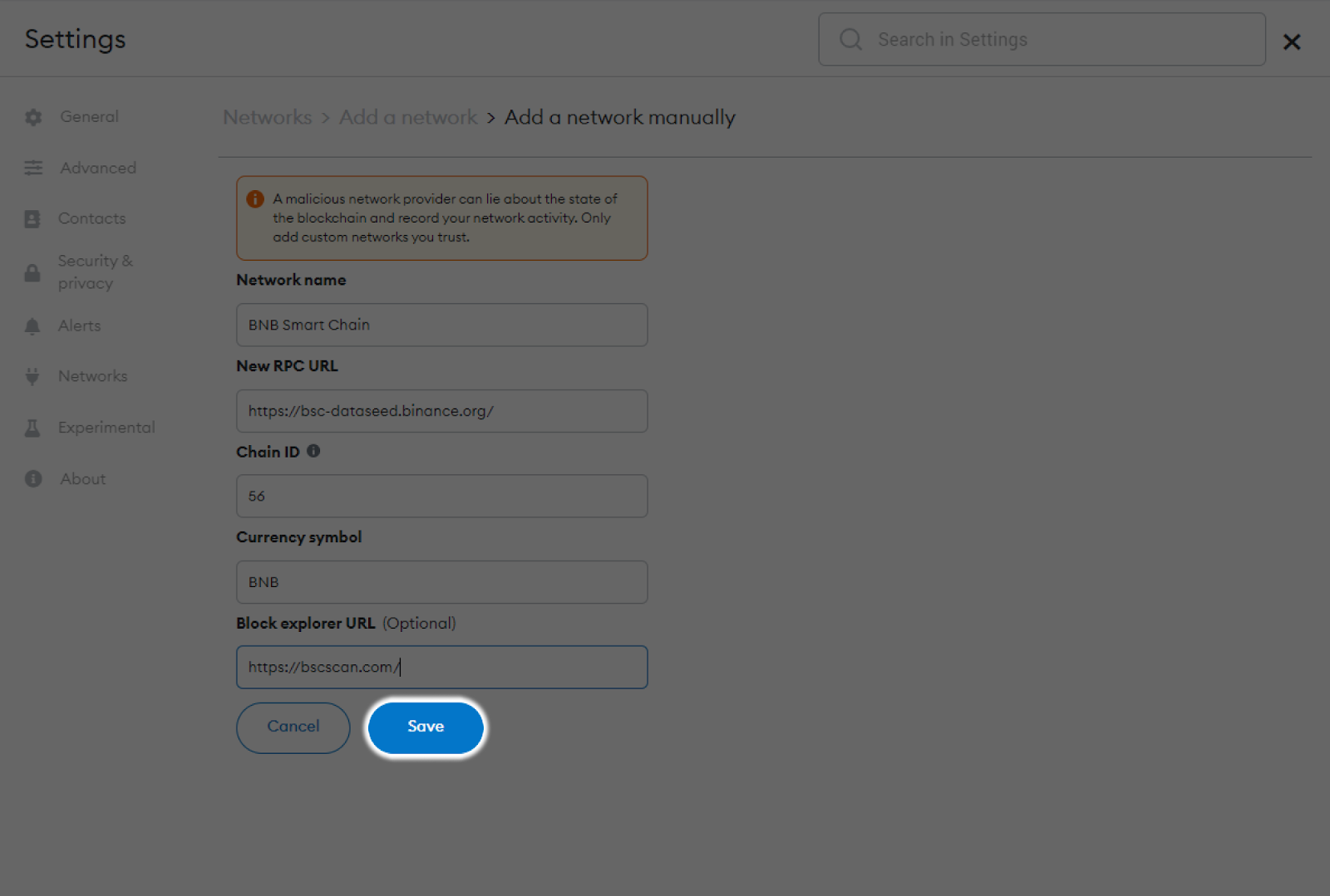 Save changes to add network to metamask Zelta